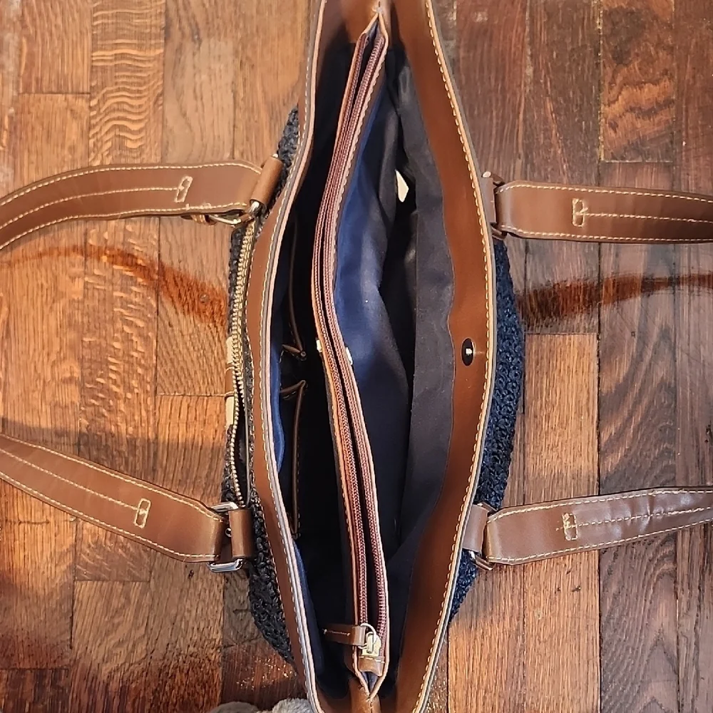 Chaps Navy Blue Woven Preppy Nautral Hippie Beach Shoulder Bag Classic Storage